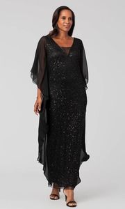 JKARA Women's Black Allover Sequin V-Neck Chiffon Sleeve Maxi Dress SZ 12